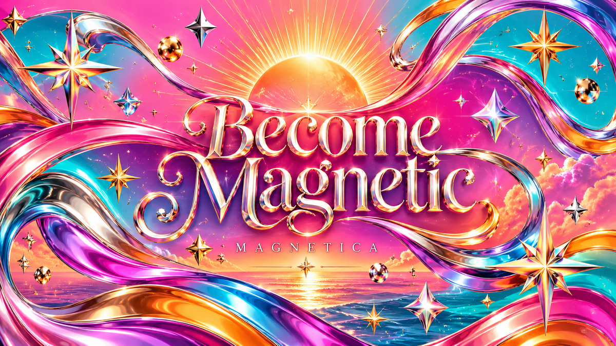 Become Magnetic lettering with bright pink, turquoise and violet metallic ribbons and sparkling stars