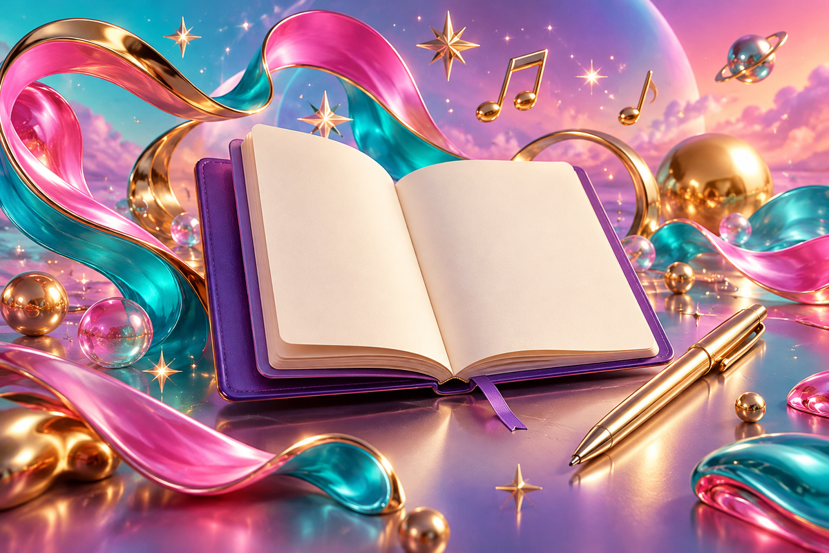 Open violet journal and gold pen surrounded by sparkling pink, turquoise and gold metallic ribbons and musical notes.