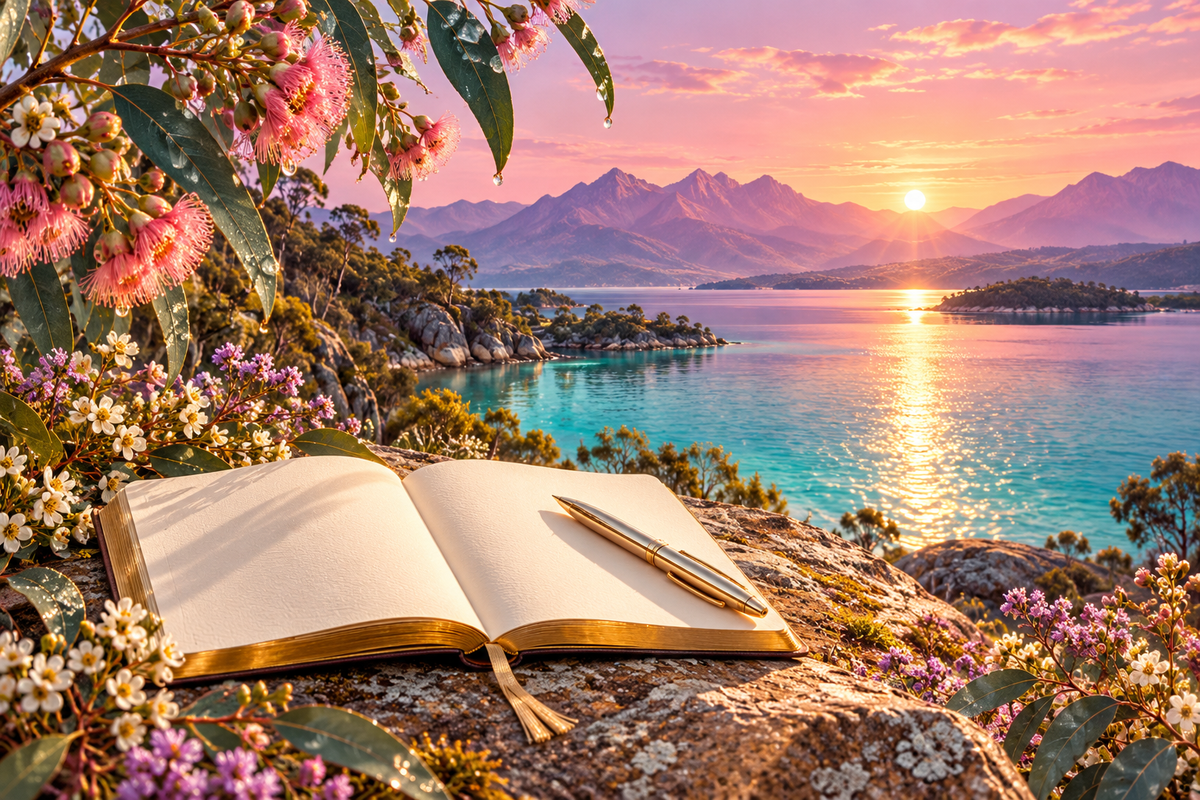 Open journal and gold pen beside a turquoise lake at sunrise, with pink eucalyptus flowers, violet mountains and sparkling golden reflections.