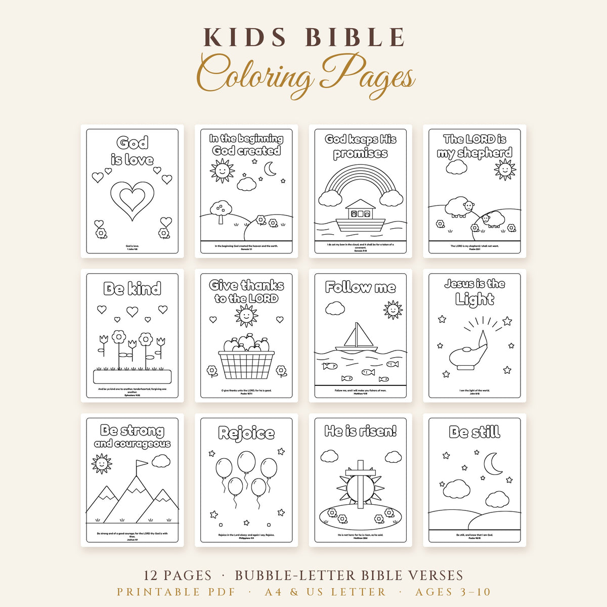 Kids Bible Coloring Pages – 12 Printable Bible Verse Colouring Sheets