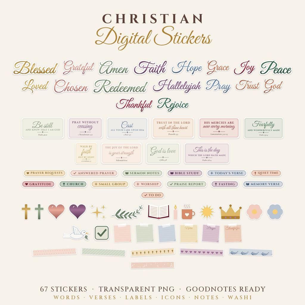 Christian Digital Stickers – 67 GoodNotes Faith Planner Stickers (PNG)