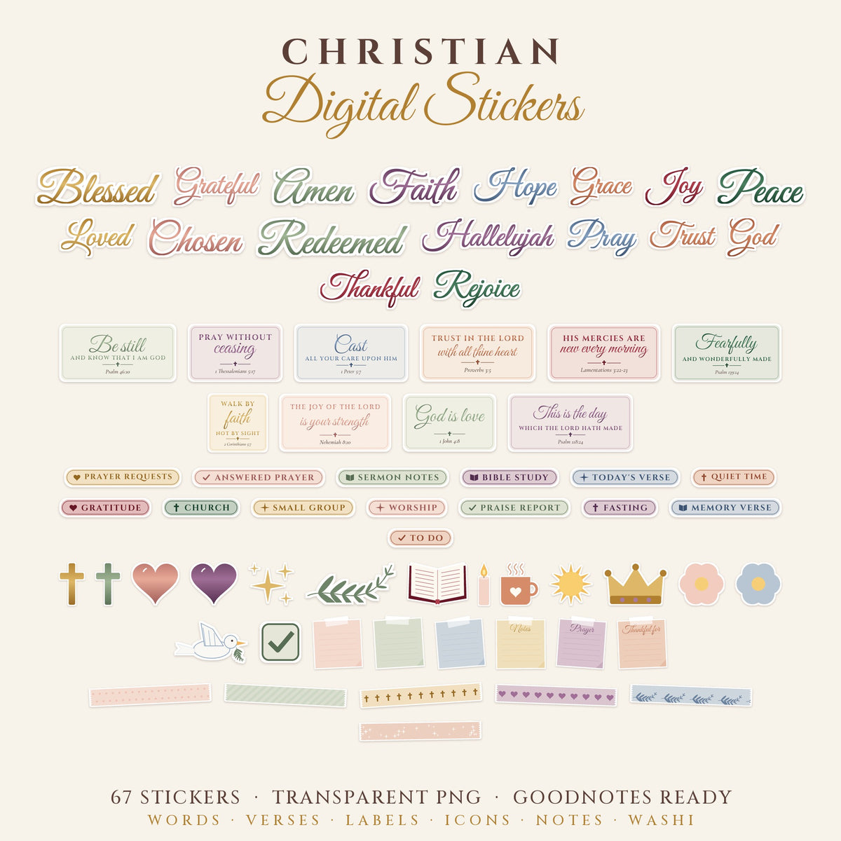 Christian Digital Stickers – 67 GoodNotes Faith Planner Stickers (PNG)