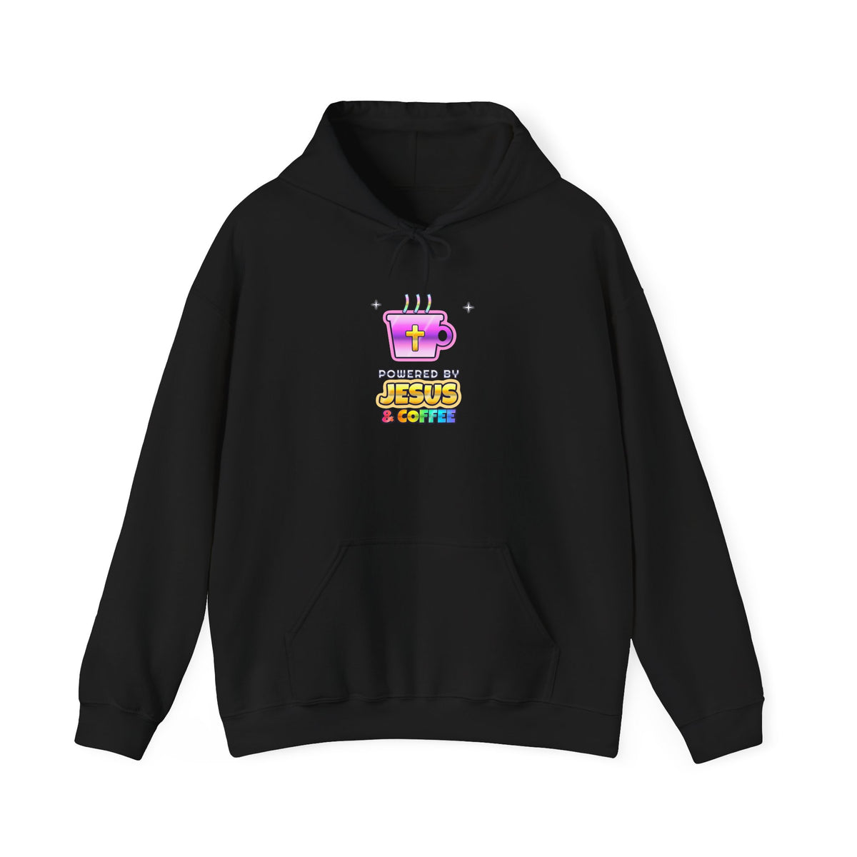 Powered by Jesus & Coffee — Adult Christian Hoodie | Black & White