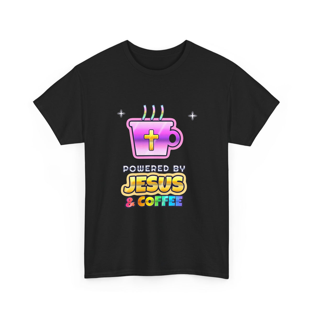 Powered by Jesus & Coffee — Adult Christian T-Shirt | Black & White