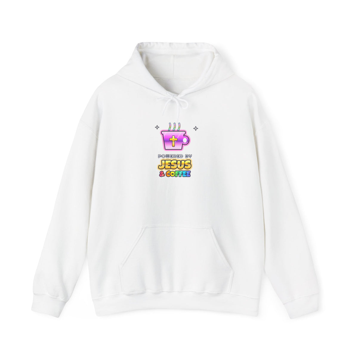 Powered by Jesus & Coffee — Adult Christian Hoodie | Black & White