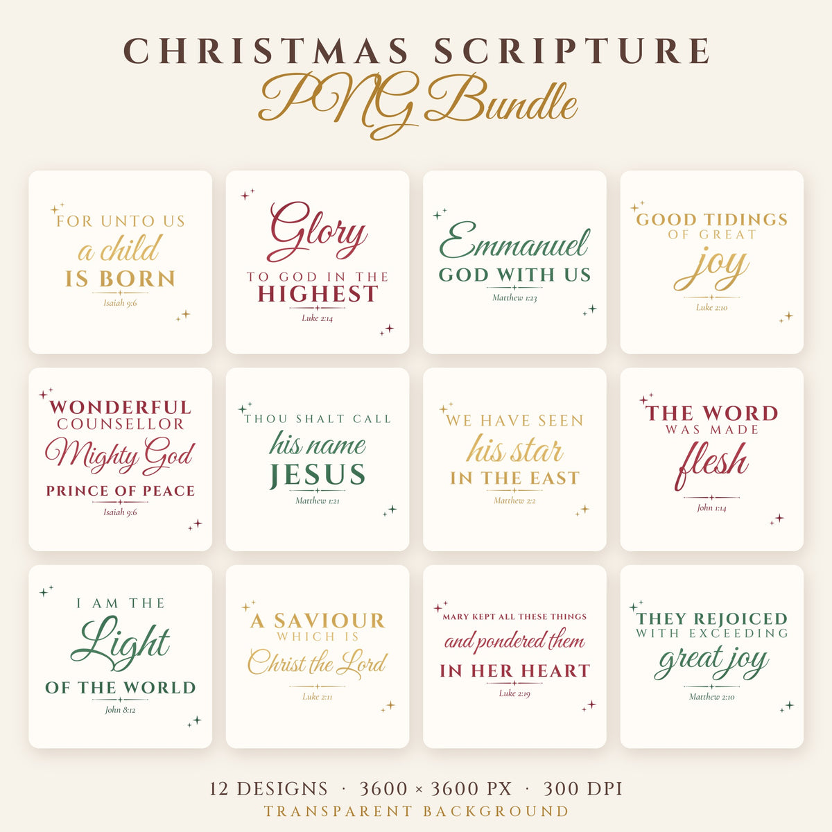 Christmas Scripture PNG Bundle – 12 KJV Designs + Bonus Gift Tags