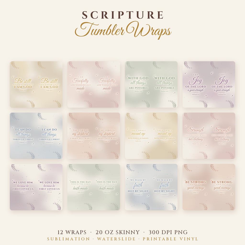 Scripture Tumbler Wrap Bundle – 12 KJV Bible Verse 20oz Skinny Sublimation Designs