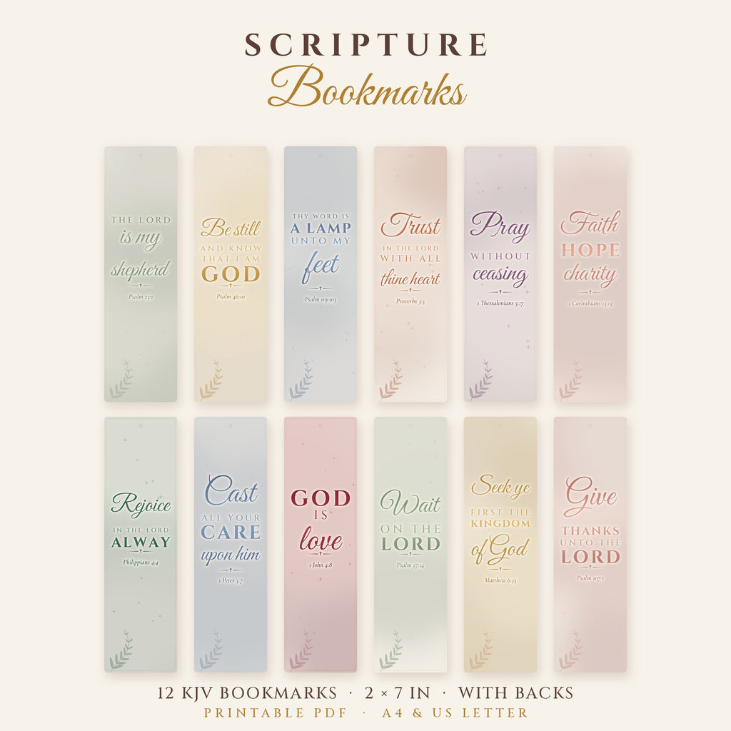 Printable Scripture Bookmarks – 12 KJV Bible Verse Bookmarks with Backs