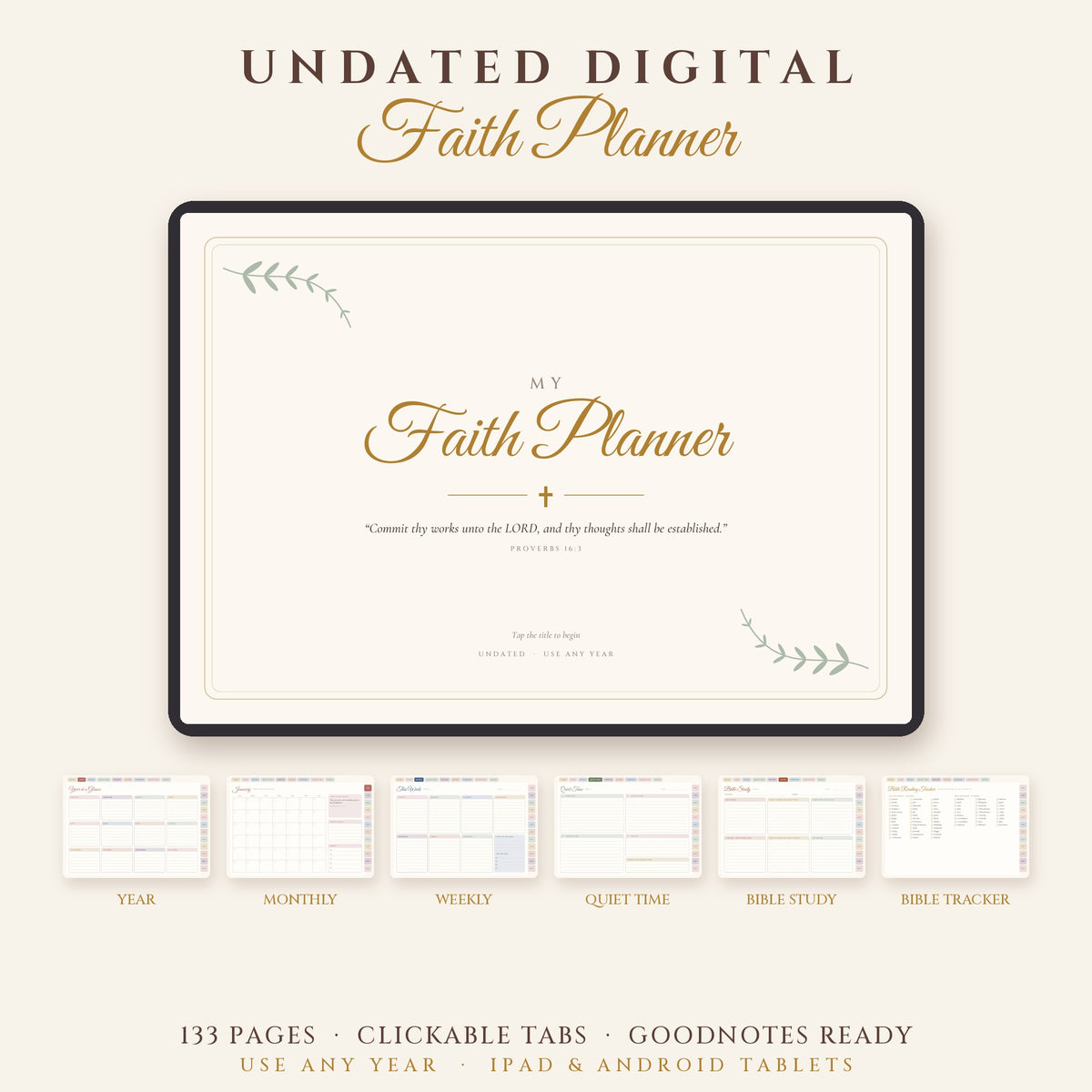 Digital Faith Planner – Undated Christian GoodNotes Planner with Clickable Tabs
