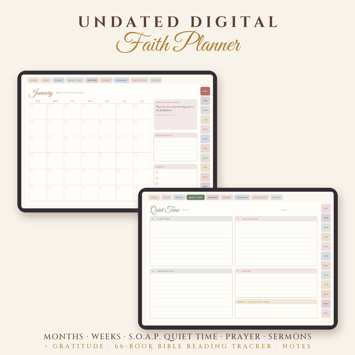 Digital Faith Planner – Undated Christian GoodNotes Planner with Clickable Tabs