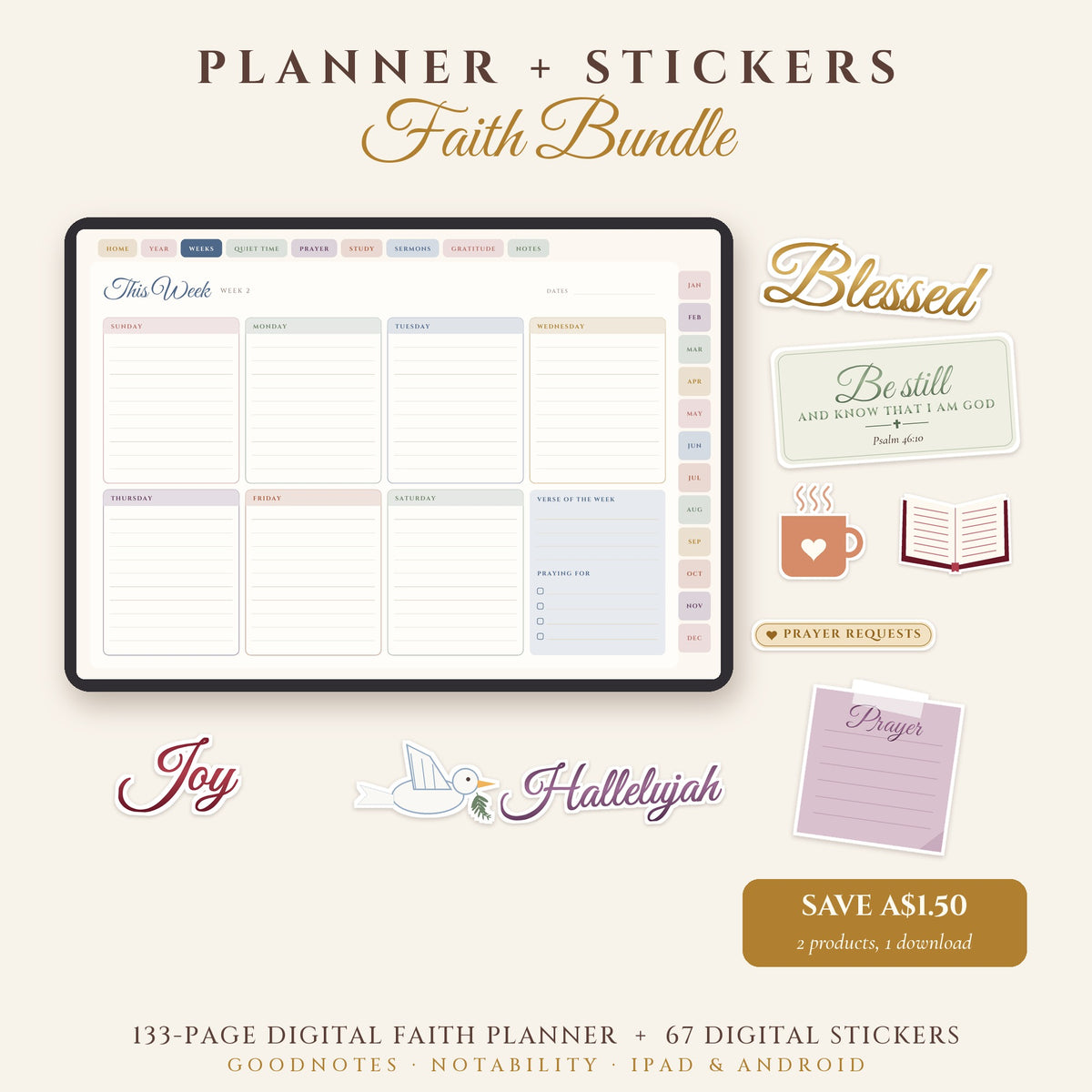 Faith Planner + Stickers Bundle – Digital Christian Planner & 67 GoodNotes Stickers
