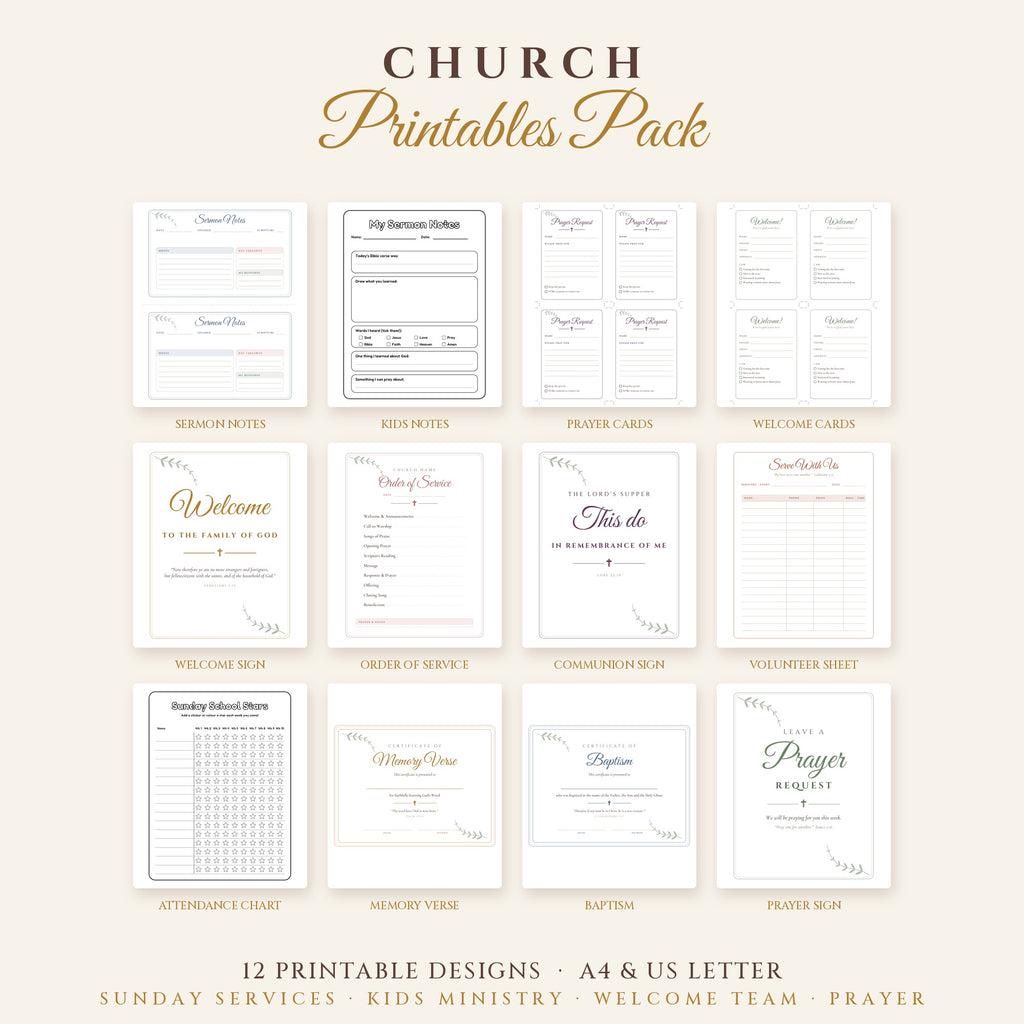 Church Printables Pack – 12 Printable Church Forms, Signs & Certificates