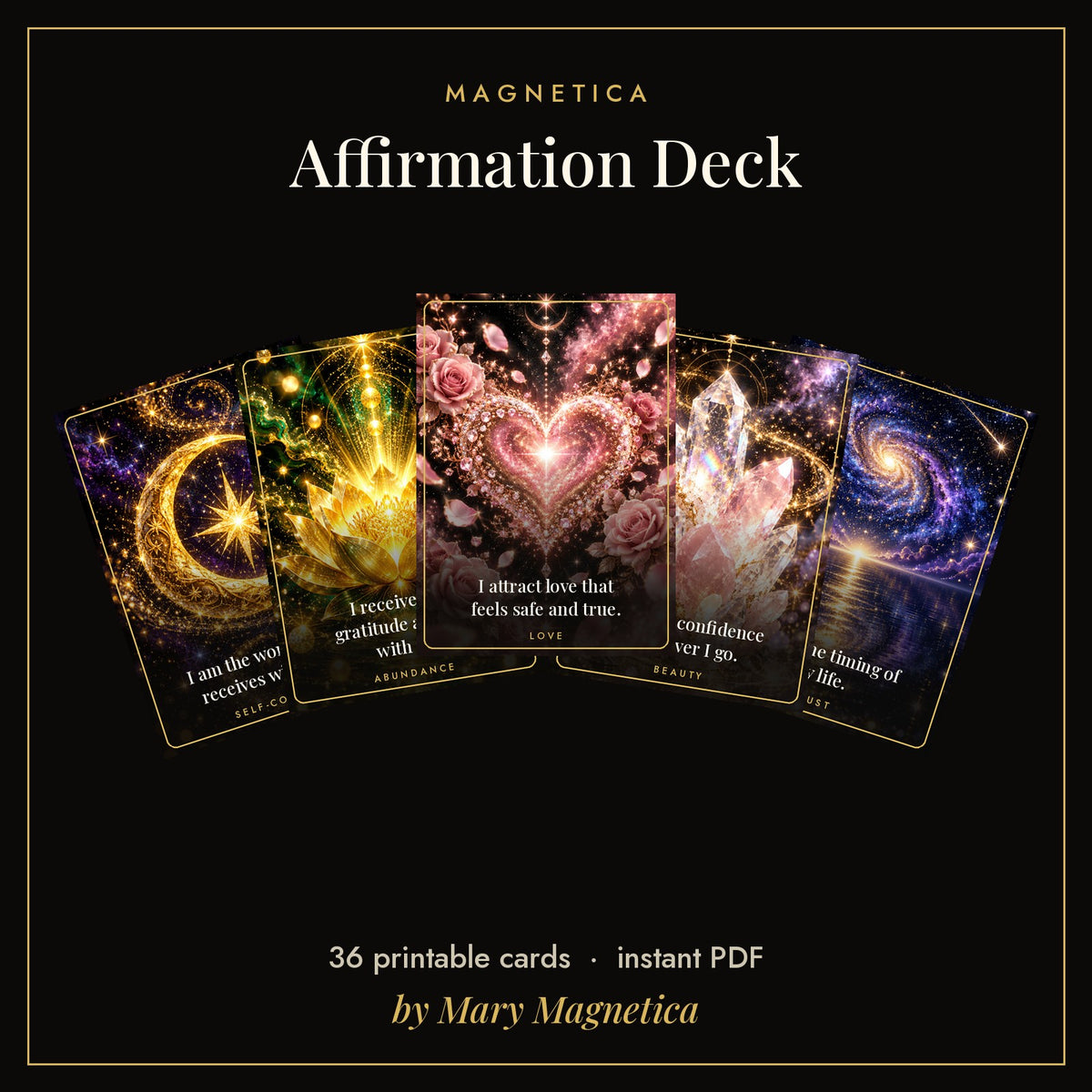 Magnetica Affirmation Deck: five glittering affirmation cards fanned out on black