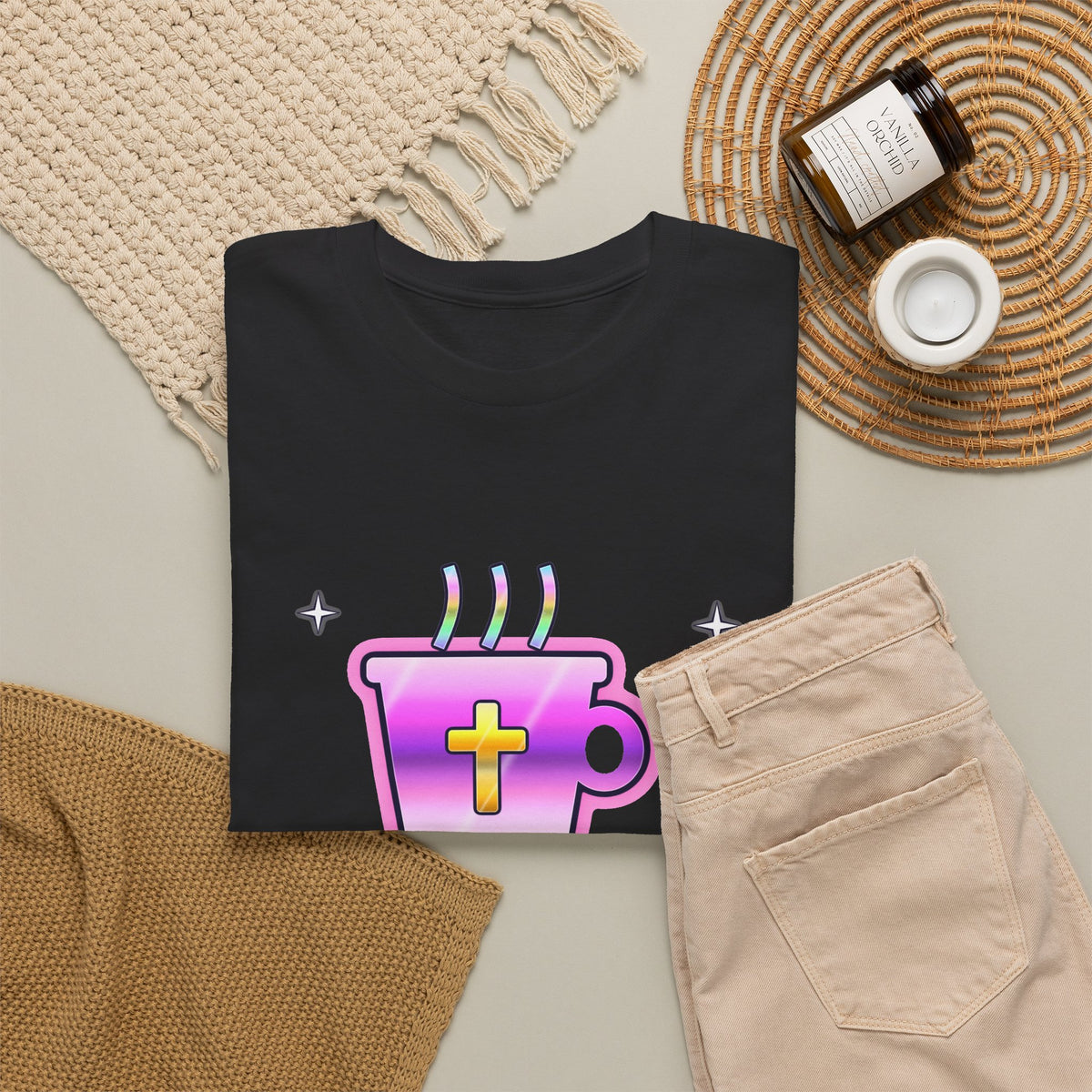 Powered by Jesus & Coffee — Adult Christian T-Shirt | Black & White