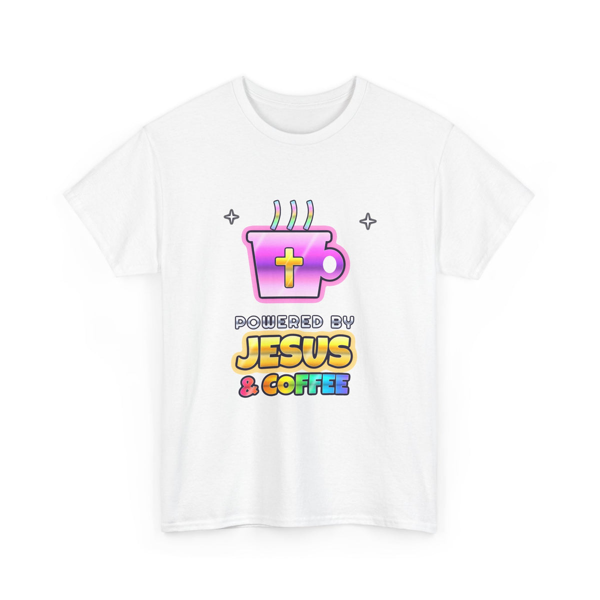 Powered by Jesus & Coffee — Adult Christian T-Shirt | Black & White