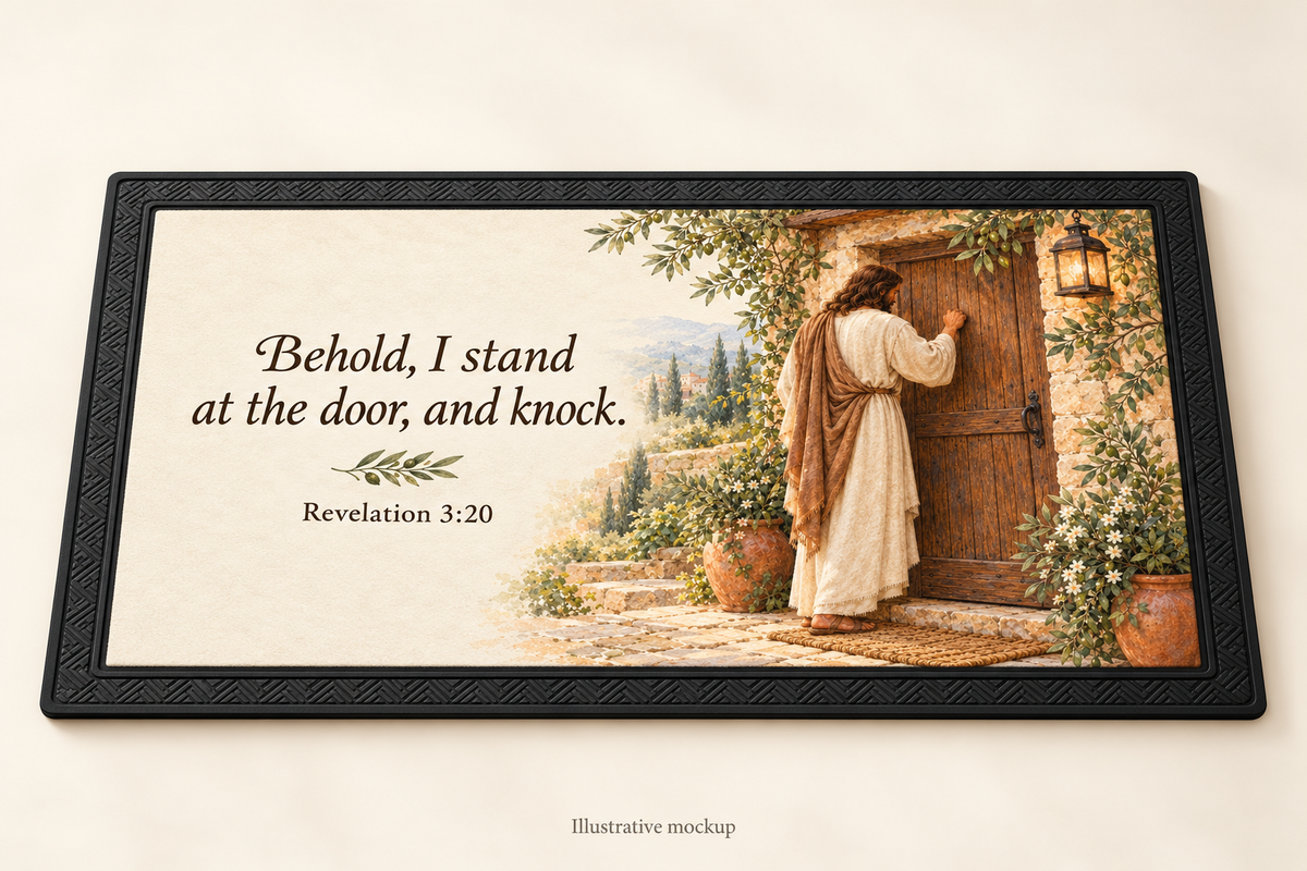 Magnetica Jesus at the Door | Rubber Door Mat | Magnetica — illustrative mockup
