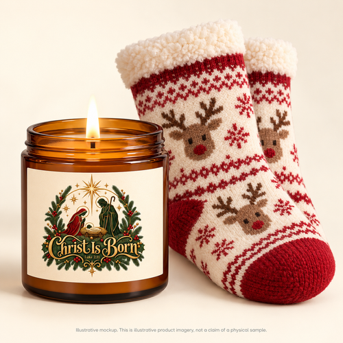 Magnetica Christ Is Born | Scented Candle & Reindeer Socks Gift Set | Magnetica — illustrative mockup